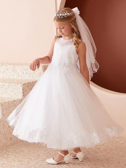 Girls White Intricate Lace Overlay High Scalloped Neckline Special Occasion Dress, Sizes 2-18